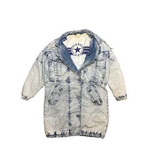 Vintage 80s IZZI Acid Washed denim Long Jean jacket medium quilted lined grunge